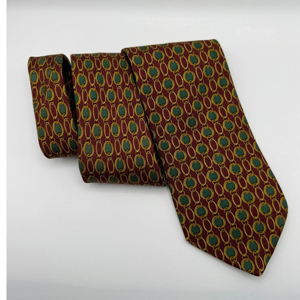 Brooks Brothers Silk Tie OS Burgundy Green Gold Chain Link Preppy Old Money USA